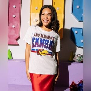New! QUEEN OF SPARKLES Licensed Grey Vintage Sequin Kansas Jayhawks Soft Tee